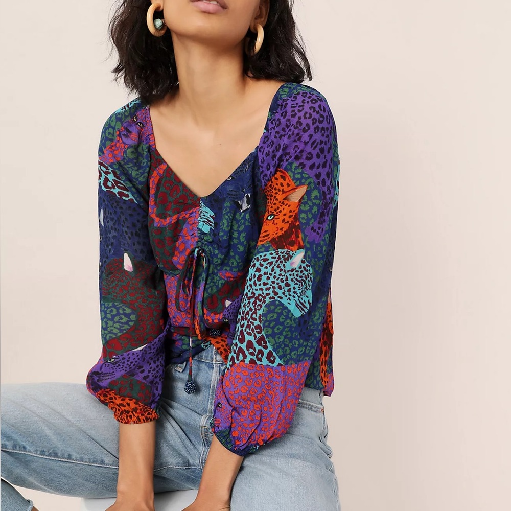 Anthropologie Farm Rio Katalina Leopard Jungle Print Lined Blouse XS